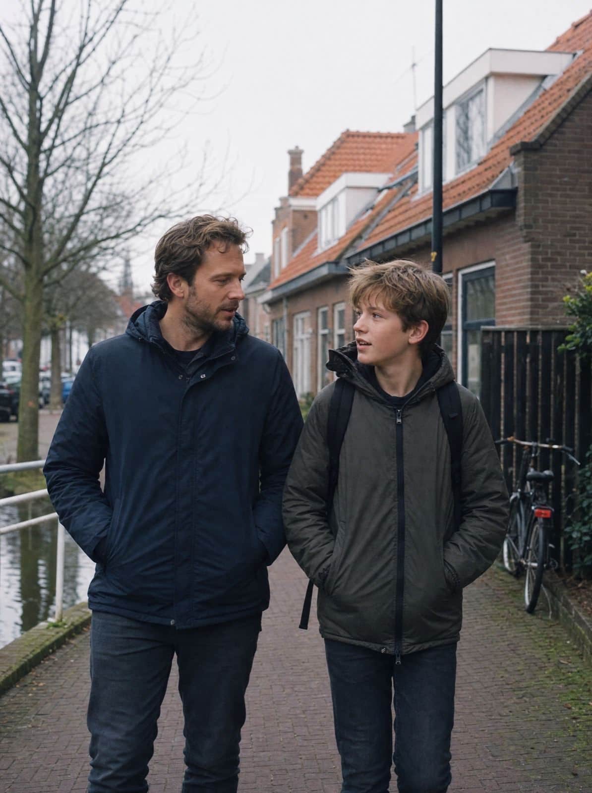 Begeleider en jongere in gesprek, buiten in beweging