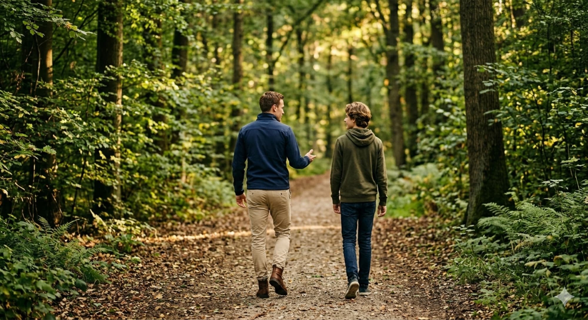 Begeleider en jongere wandelen samen door de natuur
